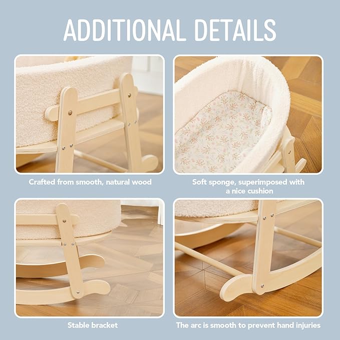 Wooden Baby Doll Crib, Baby Doll Bed Toys for Cat Dog, Wooden Boucle Bassinet for Dolls Up to 16 Inch, Doll Accessories with Mattress and Bassinet, Gift for Boys & Girls