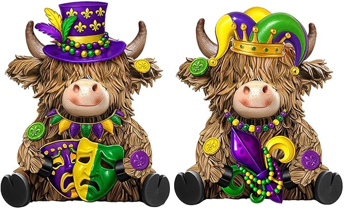 Burbell 2 Pack Mardi Gras Highland Cow Resin Figurine Mardi Gras Bathroom Highland Cow Gnomes with Mask Starfish Resin Statue for Garden Table Shelf Home Decor Calf Gnome Herd Gifts