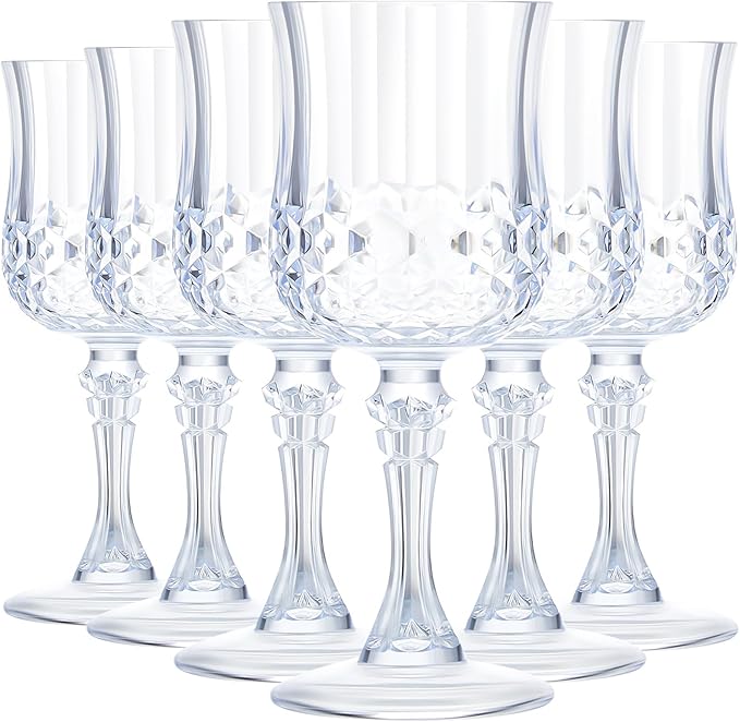Pinkunn 6 Pcs 7 oz Plastic Vintage Wine Glasses Reusable Colored Goblets Patterned Drinking Water Glasses Cup Dishwasher Safe for Valentine's Day Wedding Reception Party Supplies (Transparent)