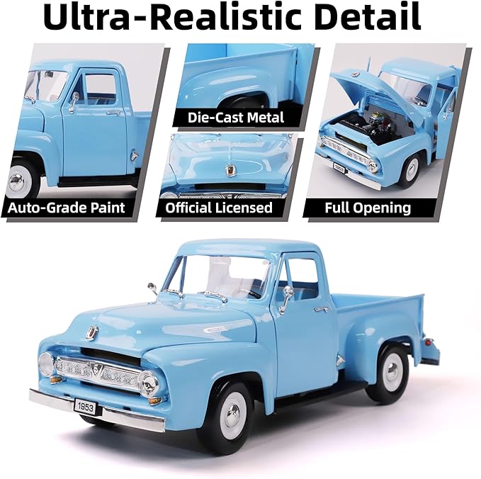 1953 Ford F-100 Pickup Truck 1/18 Scale Die-Cast Metal Model Alloy Collection Cars with Display Case, with Opening Doors, Best Gift for Men, Dad & Kids 14+ Years