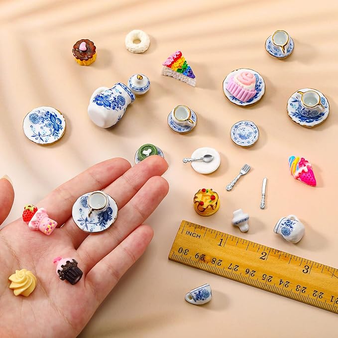 41 Pieces 1:12 Scale Miniatures Dollhouse Kitchen Accessories 15 Porcelain Tea Cup 16 Mini Doll Plate Knife Fork Spoon 10 Miniature Decor Dessert Pastry Cake Table Decor for Cook Party (Retro Style)
