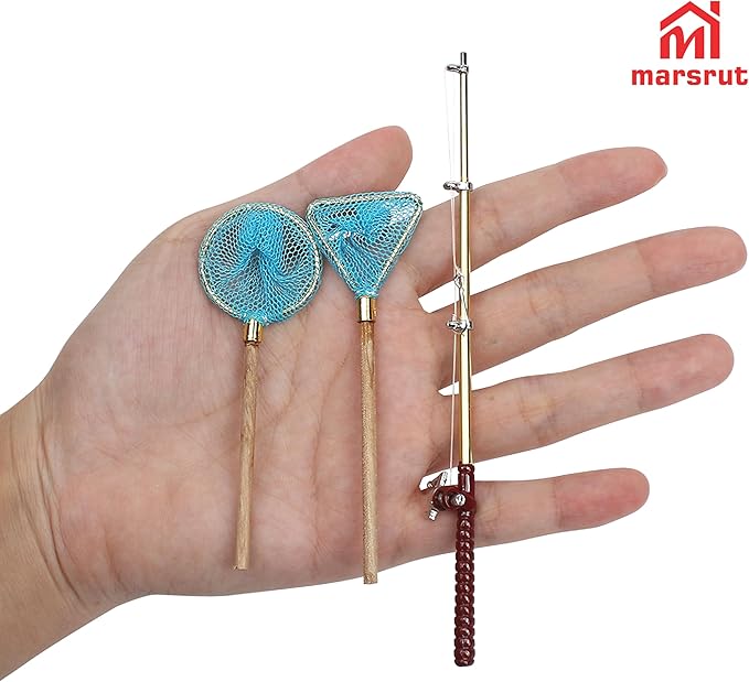1 Set Miniature Fishing Rods and Fish Net Set for 1:12 Scale Dollhouse Decoration, Mini Fairy Garden Micro Landscape Furniture Accessories, Beach Pond House Decor Crafts with Fishing Pole Gear Models