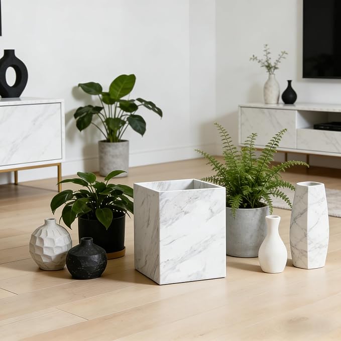 Modern Square White Marble Waste Basket, Natural Stone Bathroom Trash Can, Decorative Home Garbage Container, Beautiful Marble Look Rubbish Bin for Bathroom, Bedroom, Kitchen, Home Office
