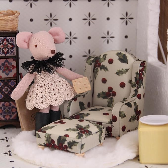 Funky Mini Home 1:12 Scale Dollhouse Armchair & Ottoman Set - 2-Piece Festive Miniature Furniture, Perfect Holiday for Dollhouse Collectors Festive Dollhouse Decor (White)