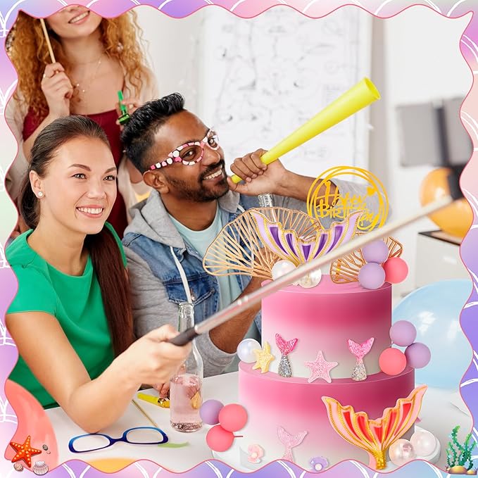 40 Pcs Mermaid Cake Topper - Mermaid Tail Cake Decorations with Seaweed Shells Starfish Under the Sea Cake Decorations for Birthday Party Decorations