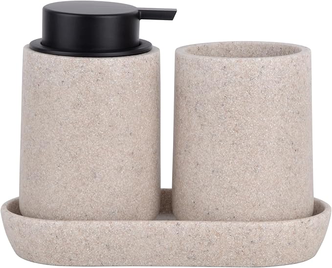 Clasin Home Beige Bathroom Accessories Set, 3 Pcs Resin Bathroom Accessories Complete Set, Sandstone Look Soap Dispenser with Large Pump, Toothbrush Cup, Soap Dish for Modern Home Decor and Kitchen