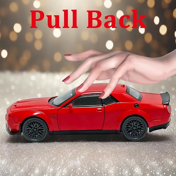 Toy Car Model Challenger Hellcat Alloy Model Collectible Car with Light and Sound,Pull Back Toy Vehicles for Boys Children Age 3 + Year Old(Red)