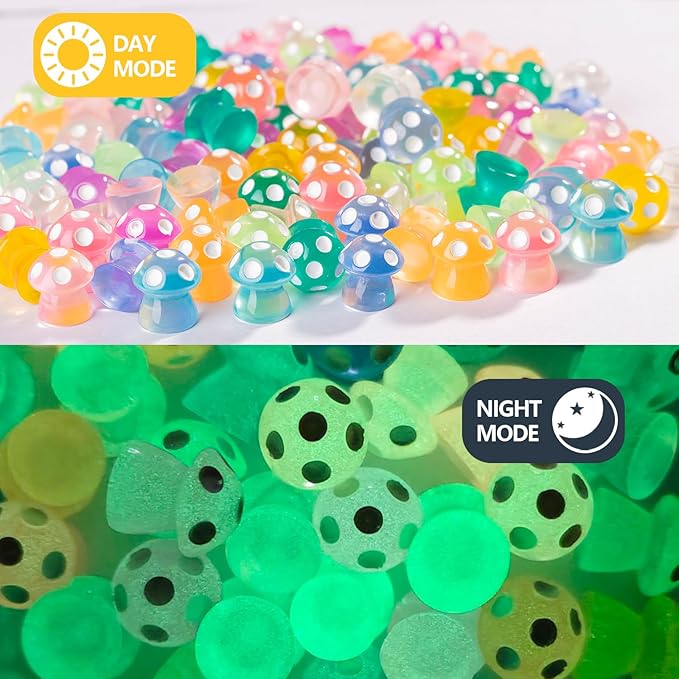 100 Pcs Glow in The Dark Mini Mushroom Figurines,10 Colors Resin Mini Figures for Fairy Garden Decor,Terrarium Accessories, Dollhouse Miniature Bulk Set