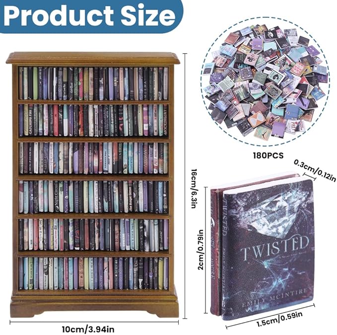 DIYDEC Mini Bookshelf with 180pcs Mini Books Miniature Anxiety Bookshelf Ornament Tiny Small Library Decor Shake Away Your Anxiety for Book Lovers Gift Home Room Office