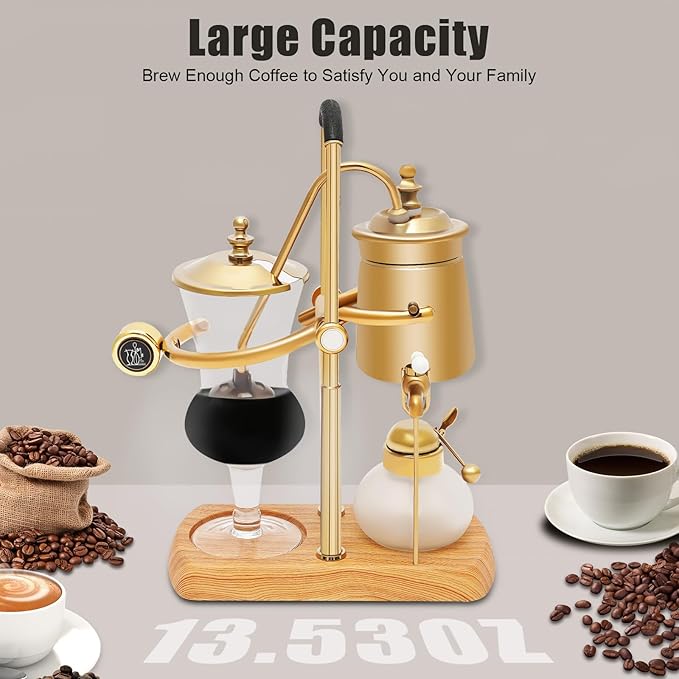 Belgian Balance Siphon Coffee Maker, Vintage Syphon Coffee Machines Vacuum Brewing System, Gold Royal Family Coffee Makers with handle for Home, Café shop (400ml/13.53oz) (Gold)
