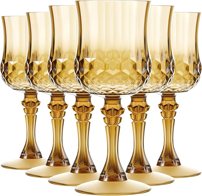 Pinkunn 6 Pcs 7 oz Plastic Vintage Wine Glasses Reusable Colored Goblets Patterned Drinking Water Glasses Cup Dishwasher Safe for Valentine's Day Wedding Reception Party Supplies (Gold)