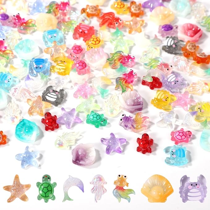 210pcs Mini Resin Animals, Miniature Ocean Figurines Glow in The Dark Small Sea Turtles Fishes Jellyfishes Tiny Crabs Starfishes Seashells Dolphins Statue for Dollhouse Aquarium Decorations
