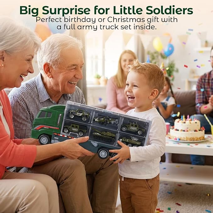 LovesTown 44PCS Large Military Truck Set, 13PCS Mini Die-cast Military Toy Cars in Carrier Truck with 30PCS Army Men Toy Soldiers for Kids Boys Birthday Party Favors