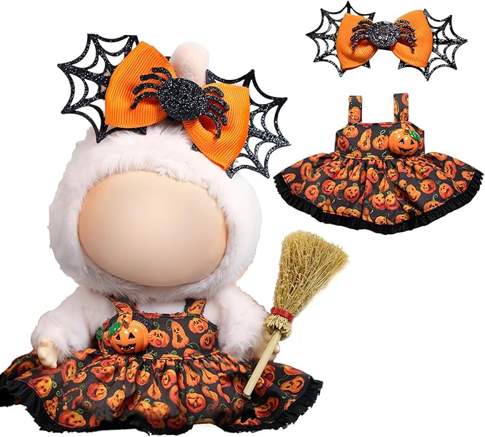 Clothes for LABUBU Doll (NO Doll), 2-Piece Pumpkin Princess Accessories for LABUBU 17cm Dolls, Premium Fashion Outfit for LABUBU Unique Dress Up - Spider Headdress + Pumpkin Dress