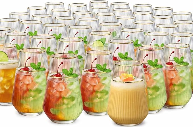 40 count 14 oz Origami ripple Unbreakable Stemless Plastic Wine Champagne Whiskey Glasses Elegant Durable Disposable Indoor Outdoor Ideal for Home Bars, Wedding, Ribbed 14 oz Cups (40, Gold Rim)