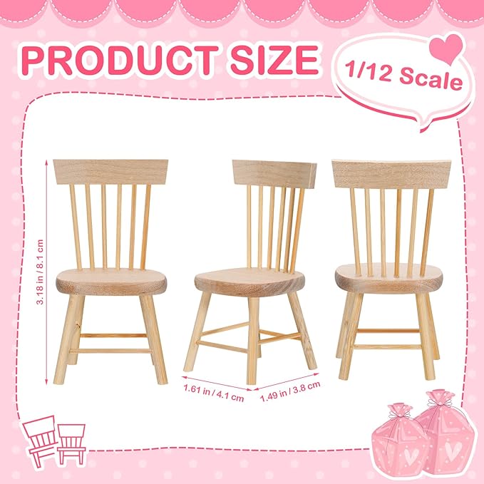 16PCS Dollhouse Chairs, 1/12 Scale Dollhouse Furniture - Wooden Mini Furniture Accessories, Tiny Mini Chair for Doll House, Fairy Garden, Photography Props,Home Decor & Christmas Party (1.6in*3.2in)