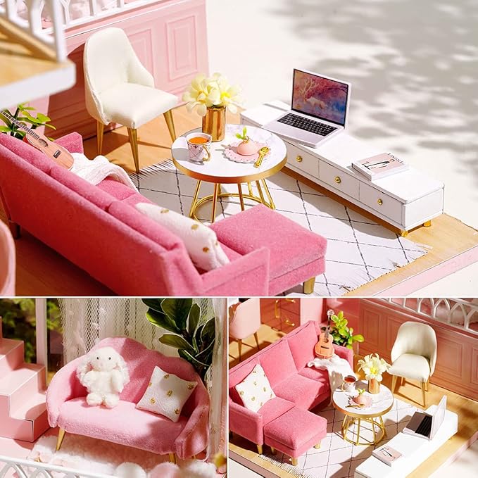 TuKIIE DIY Miniature Dollhouse Kit with Furniture, 1:24 Scale Creative Room Mini Wooden Christmas Doll House Accessories Plus Dust Proof & Music Movement for Kids Teens Adults(Warm Moments)