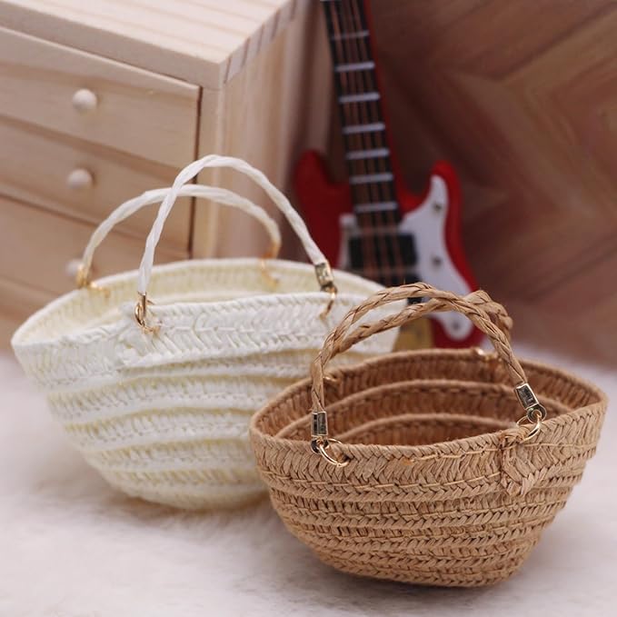 Xweptuy 2Pcs Miniature Handbag, Simulation Mini Straw Bag, Natrual Woven Dollhouse Miniature Tote Bag