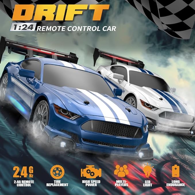 1:24 Scale RC Drift Car, 30KM/H 4WD 2.4GHz Remote Control Cars with LED Light, Racing and 4 Drifting Wheels, High Speed RC Racing Cars Perfect Toy Gift for Teen Adults