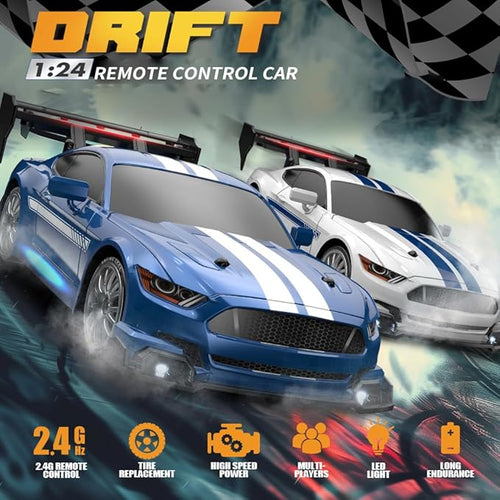 1:24 Scale RC Drift Car, 30KM/H 4WD 2.4GHz Remote Control Cars with LED Light, Racing and 4 Drifting Wheels, High Speed RC Racing Cars Perfect Toy Gift for Teen Adults