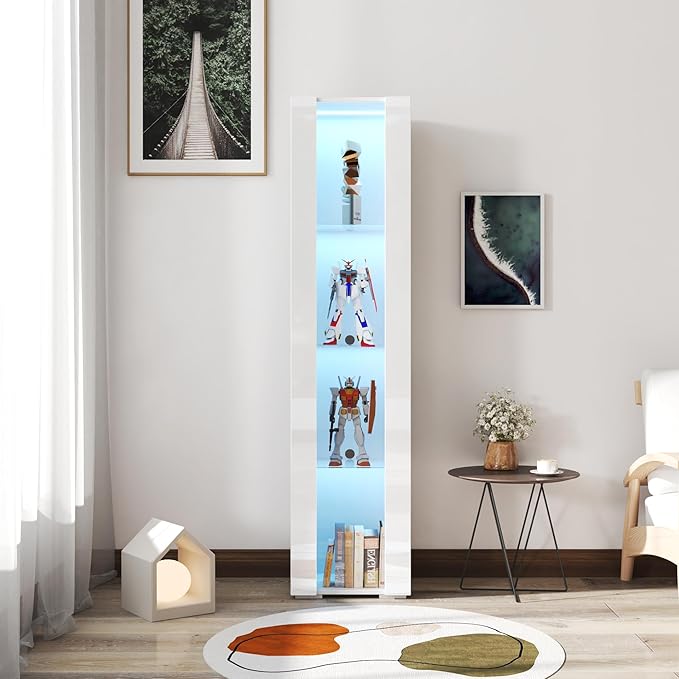 Pvillez 67" LED Display Cabinet with 4 Glass Shelves & 1 Door, Modern Curio Cabinet Collection Display Case Storage Cabinet, High Gloss Floor Standing Bookshelf for Living Room Bedroom Office (White)