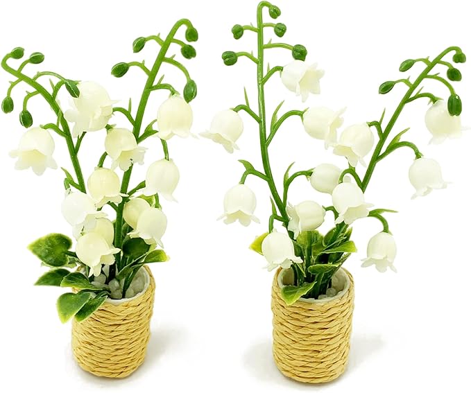 2Pieces Miniature Potted Plants Flowers Artificial Lily of The Valley Basket Bonsai for 1:12 Mini Dollhouse Scene Model Micro Landscape Decoration
