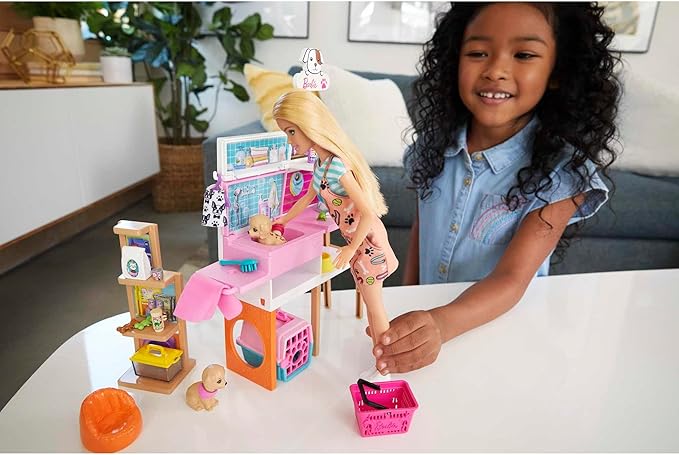 Barbie Doll (11.5-in Blonde) and Pet Boutique Playset with 4 Pets, Color-Change Grooming Feature and Accessories, Great Gift for 3 to 7 Year Olds