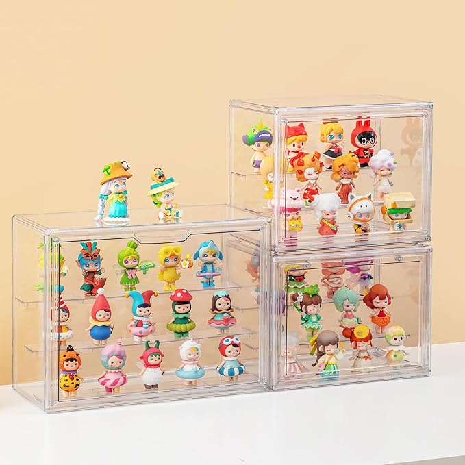 2 Pack Acrylic Display Cases for Collectibles, Clear Display Case for Figures, 3 Tier Display Shelf Boxes Miniature Display Case, Dustproof and Stackable Action Figure Display Cases (2, Large)