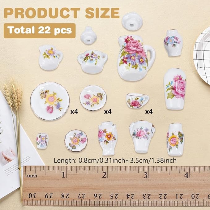 PLIGREAT 22 Pcs Miniature Dollhouse Porcelain Set, Mini Printed Ceramics Vase Plates Small Flower Pattern Teapot Cup for Dollhouse Furniture Accessories Home Decor