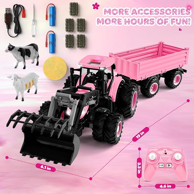 Remote Control Tractor Toy [2026] Kids RC Tractor Set & Truck and Trailer Front Loader - Metal Car Head/8 Wheel/Light, Toddlers Farm Vehicle Toys for 3 4 5 6 7 8 9 Year Old Girls Birthday Gift, Pink