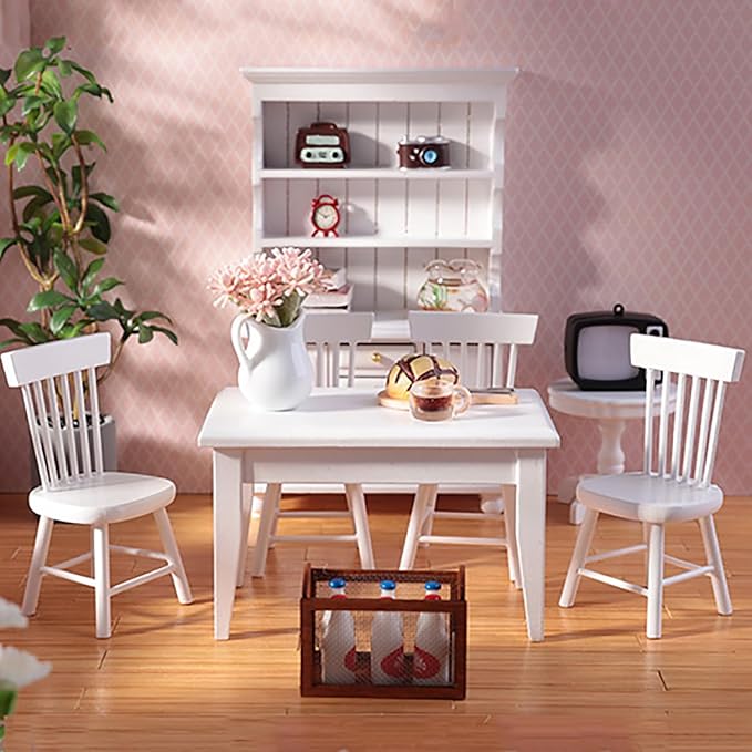 1/12 Dollhouse Table Chair Set, 17pcs Wooden Miniature Kitchen Furniture Set with Breakfast Accessories for Dining Room