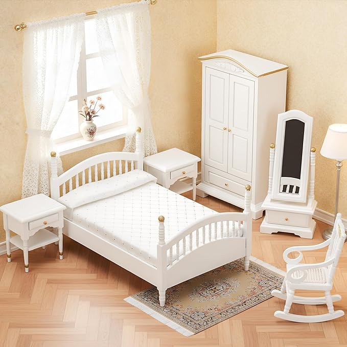 Skylety 7 Pcs Victorian Dollhouse Furniture 1: 12 Scale Dollhouse Bedroom Furniture Set for Adults Toys Miniature Doll House Accessories