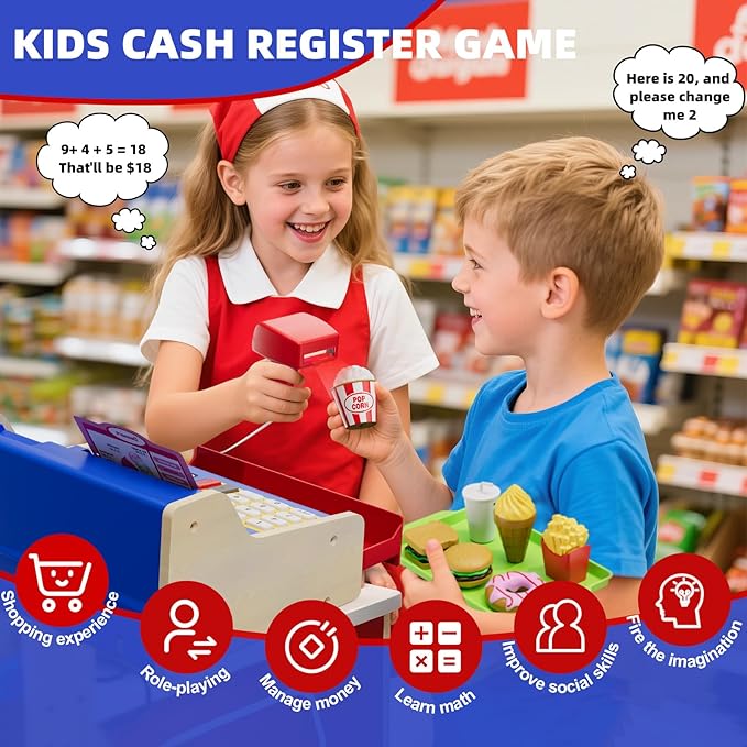 Wooden Cash Register for Kids, Rechargeable Pretend Play Supermarket & Fast Food Restaurant, Teen Cash Register with Play Money, Toy Food, Toddler Learning Toys for Kids Boy & Girl Age 3-5, Blue