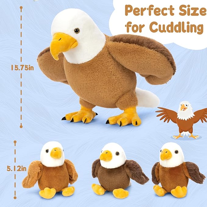 6Pcs Bald Eagle Plush Toy, Mother Eagle Stuffed Animal with 3 Baby Eagles & 2 Eggs, 16" Cute Soft Stuffed Hawk Plushie for Girls Boys Kids, Christmas Birthday Gift for Bird Lovers