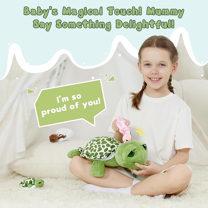 6Pcs Sound Turtle Plush Toy, 14" Talking Mother Turtle Stuffed Animal with 3 Baby Tortoise & 2 Eggs, Stuffed Educational Sea Creature for Kids, Ocean Plushies Gift for Birthday Christmas