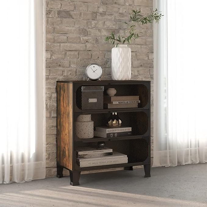 Storage Cabinet, Rustic Brown Metal and MDF Compact Cabinet with Multiple Shelves, 28.3x14.2x32.3 Inches, for Living Room, Office, or Bedroom