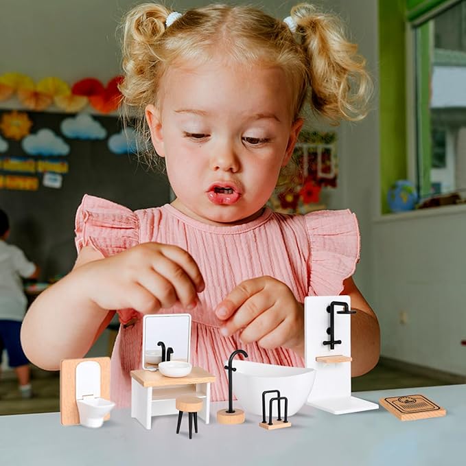 DOITOOL Doll House Bathroom Set 1:12 Scale Dollhouse Furniture, Miniature Dollhouse Modern Bathroom Accessories, Toilet Bathtub Sink and More, Wood and Plastic