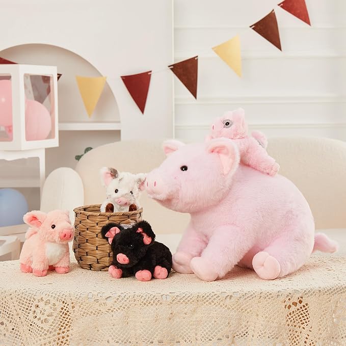 5Pcs Pig Stuffed Animal, 16 Inch Mommy Pig Plush with 4 Soft Cuddly Baby Piggy Plushies in Mother Pig's Belly, Kawaii Chirstmas Birthday Gift for Girls Boys Kids, Baby Shower Decor