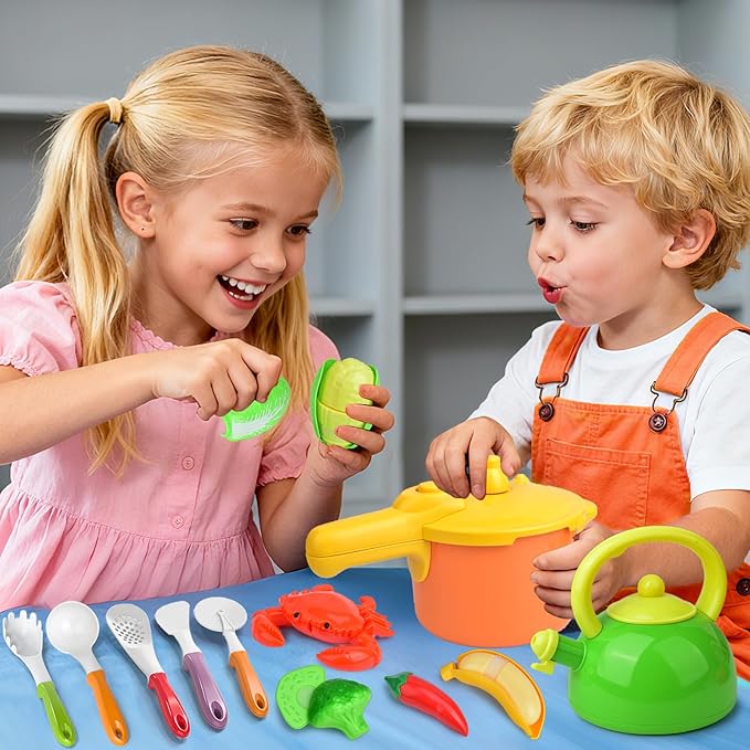 Kids Kitchen Playset, 66PCS Toddler Pretend Cooking Toys with Pots and Pans, Play Food, Utensils,Cookware, Play Food Set,Cutting Toys Fruit Veges,Educational Role Play Set for Toddlers Boys Girls