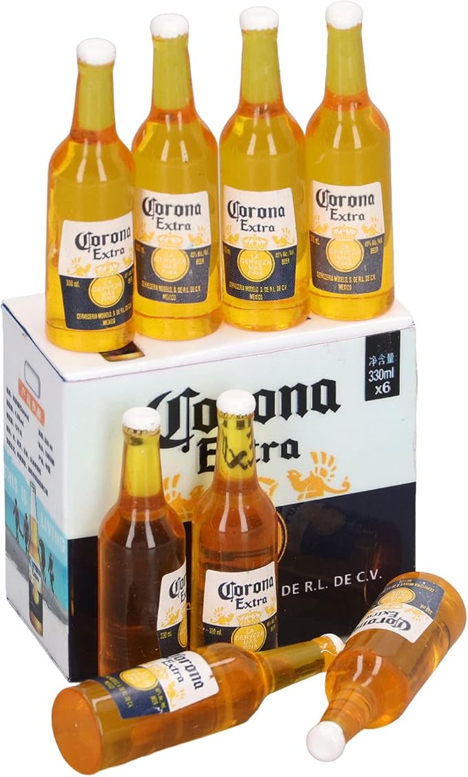 HilBeliFU 8Pcs Mini Beer Bottles, 1:12 Vivid Details Miniature Beer Bottle with Box, Beer Bottle Model, Plastic Beers Bottles Prop for Home Decoration, DIY Crafts, 1.5x0.4in