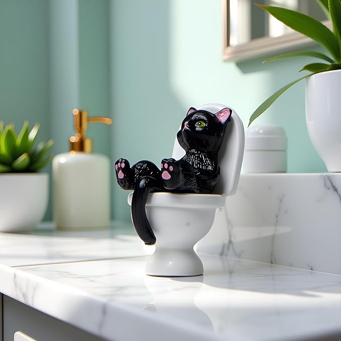 Black Cat On Toilet Ornaments Landscaping Garden Decoration Mini Cat Statue Dollhouse Accessories Household Desktop Model Home Decorations Cat Figurine Garden Miniatures