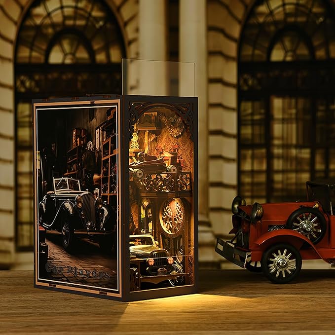 Book Nook Kit, 3D DIY Wooden Puzzle Dollhouse Kit for Adults & Teens, Book Nook Bookshelf Insert Decoration Bookend Miniature Kit with Sensor Light Creative Craft Home Decor, Vintage Car