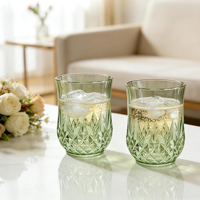 LEYIQU Stemless Wine Glasses, Plastic Reusable Cups Vintage Drinking Glasses Tumblers, Valentine’s Day Gifts for Couples, for Whisky, Beer, Juice, Beverages, Cocktai (40, 12oz-Sage Green)