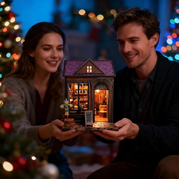 DIY Miniature House,LED Lighting Book Nook Kit Dollhouse Kit for Adult and Teens, Tiny House Bookshelf Decor 3D Wooden Puzzle, Gifts for Family, Friends,Christmas(Magic Cabin)