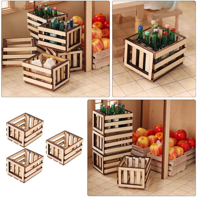 3Pcs Miniature Wooden Milk Crate Dollhouse Fruit Basket Mini Storage Box for Dollhouse Fairy Garden Accessories Micro Landscape Decor