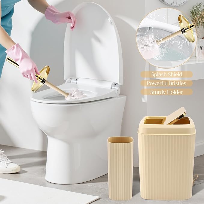 WSBArt 17PCS Bathroom Accessory Set Bathroom Set Beige Bathroom Accessories,Toilet Brush, Trash Can, Qtip Holder Dispenser& 3PCS Soap Dispenser