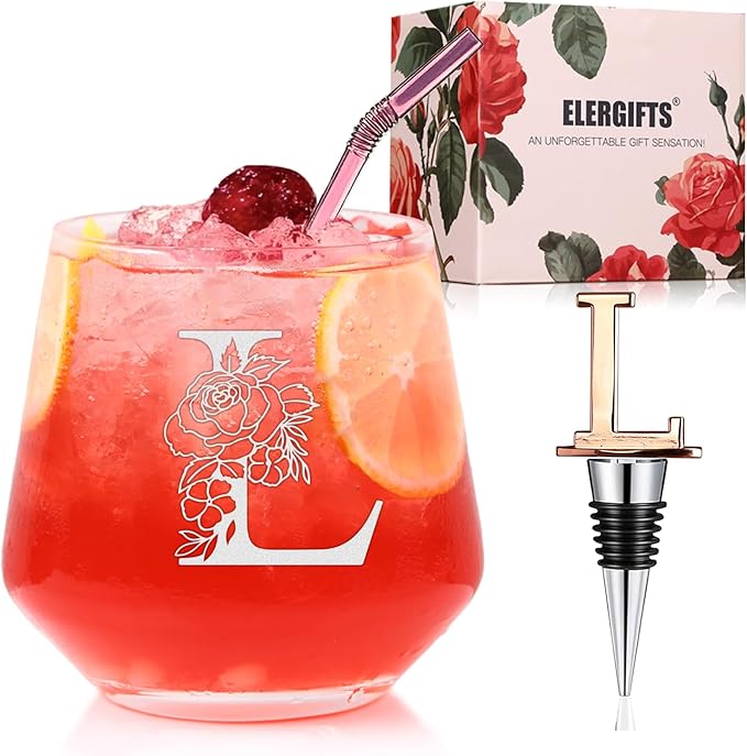 Personalized Gifts for Women, Monogrammed A-Z Wine Glass Customized Gift, Unique Wedding Birthday Gifts for Women Her Mom Friend Sister Wife Daughter Nurse - Dishwasher Safe (L)