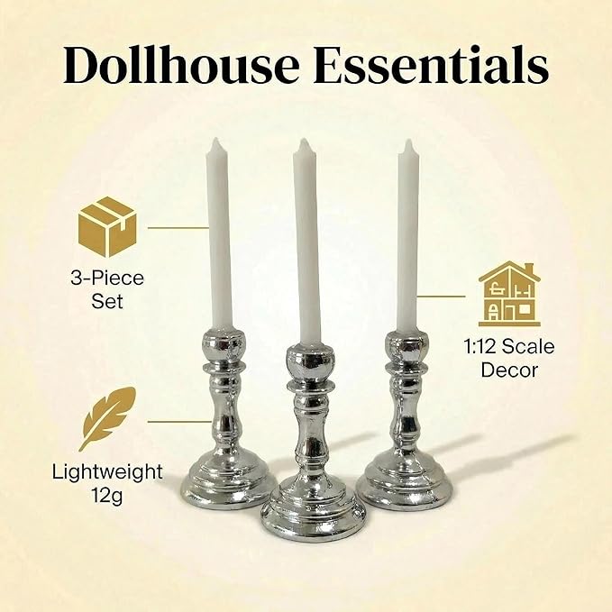3PCS Vintage Miniature Candlesticks Set 1:12 Scale Metal Base Candle Holder for Miniature Room DIY Miniature Scene, or Desktop Display (Silver)