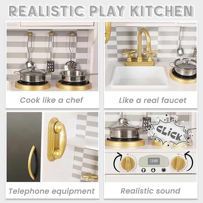 Kitchen Playset for Kids Ages 3-8, Wooden Kids Play Kitchen Chef Pretend Play Set for Toddlers, Toys Kitchen with Toy Food & Cookware Accessories