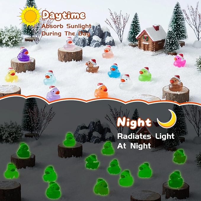 160pcs Luminous Mini Christmas Resin Ducks Dollhouse Accessories Miniature Figurines to Hide Tiny Little Duck Bulk Glow in The Dark for Micro Garden Landscape Aquarium Craft Party Favors Toy